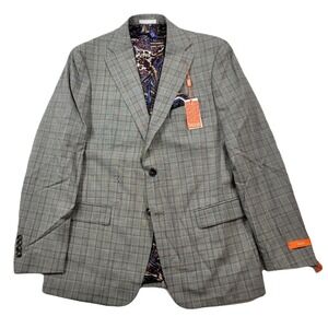 Tallia Slim-Fit Wool Blazer Mens 44L 44 Cream‎ Brown Plaid Suit Jacket $425 NEW